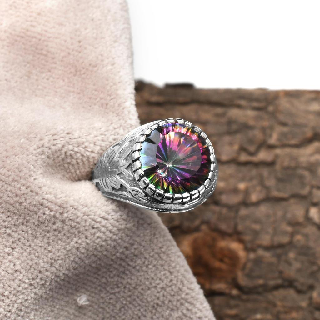 12 Mm Round Shape Mystic Topaz 925 Sterling Silver Classy Designer Shank Statement Ring For Unisex