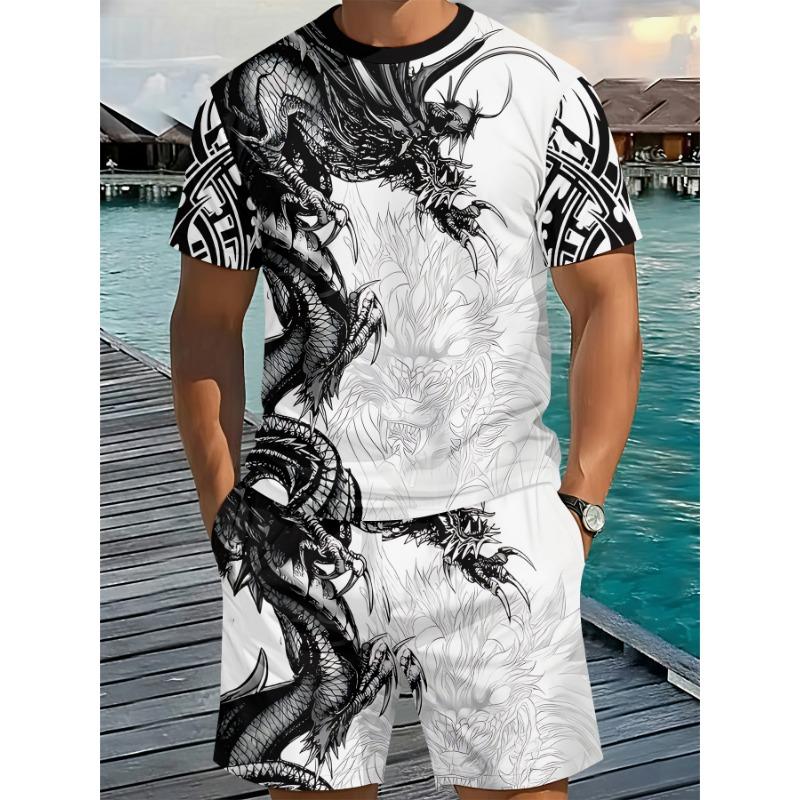 Men s 3D Digital Printed Casual Short Sleeve Shorts Suit S