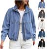 Damen Lässige Langarm Jeansjacke mit Reißverschluss, Kragen und Taschen