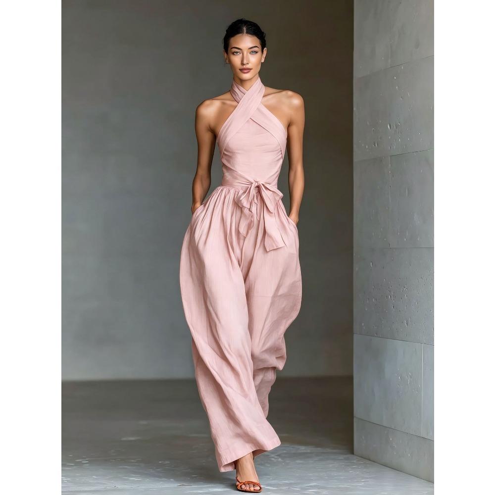 

Europe, America, Women s Lace-Up Linen Crossstrap Wide Leg Jumpsuit 2XL рожевий