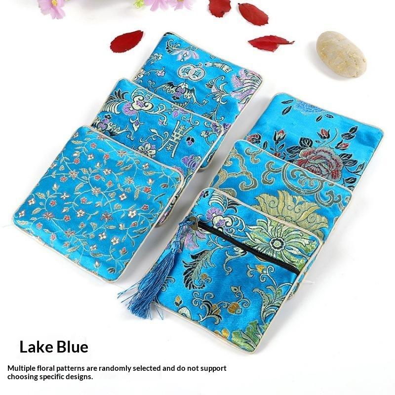 Traditional Chinese Brocade Square Pouch Embroidery Pattern Tassel Zipper Waterproof for Jewelry Cosmetic Home Travel Use