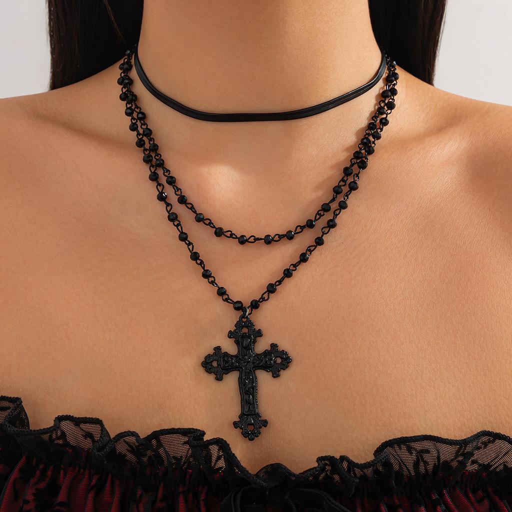 KunJoe Gothic Jesus Big Cross Pendant Necklace for Women Vintage Multilayer Black Bead Chain Necklace Y2K Accessories Jewelry