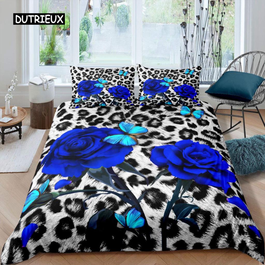Rose Duvet Cover Set Women Chic Purple Floral Print Bedding Set Romantic Flowers Glitter King Size Comforter Cover for Couples