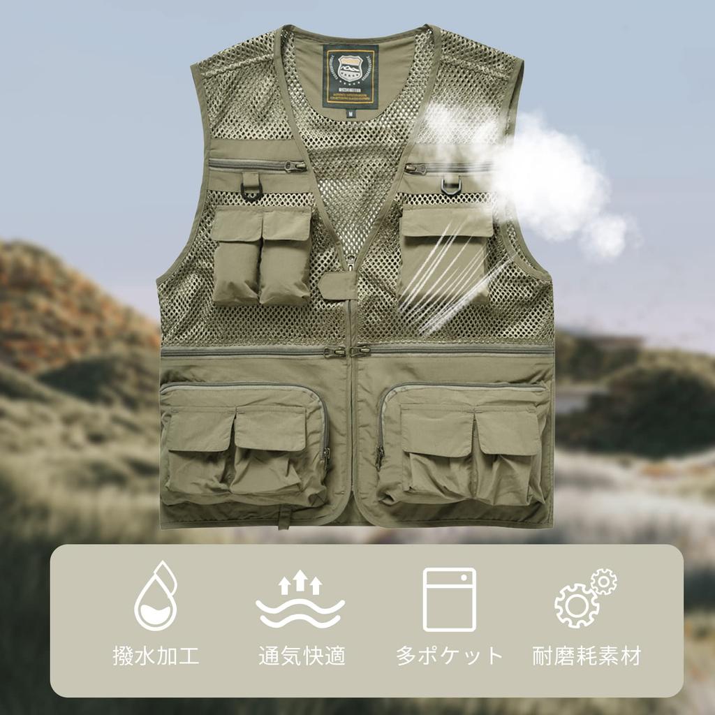 Manatsulife Men's Mesh Vest for Photography, Fishing, Work, and Outdoor Activities, Multi-Pocket, Breathable, 7868 (XL, Khaki)