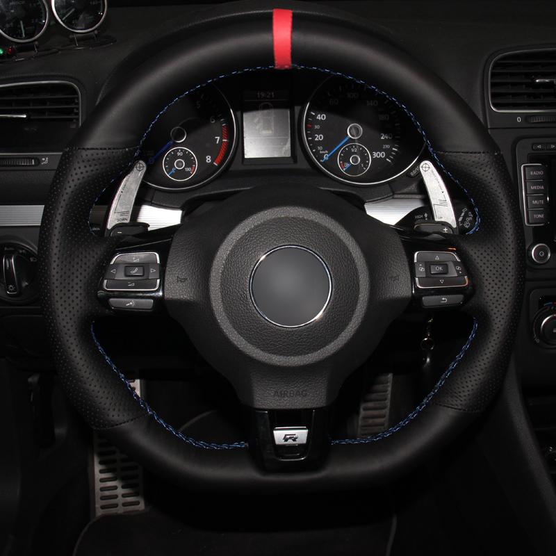 HuiER Hand Sewing Car Steering Wheel Cover Red Marker For Volkswagen Golf 6 GTI MK6 VW Polo GTI Scirocco R Passat CC R-Line