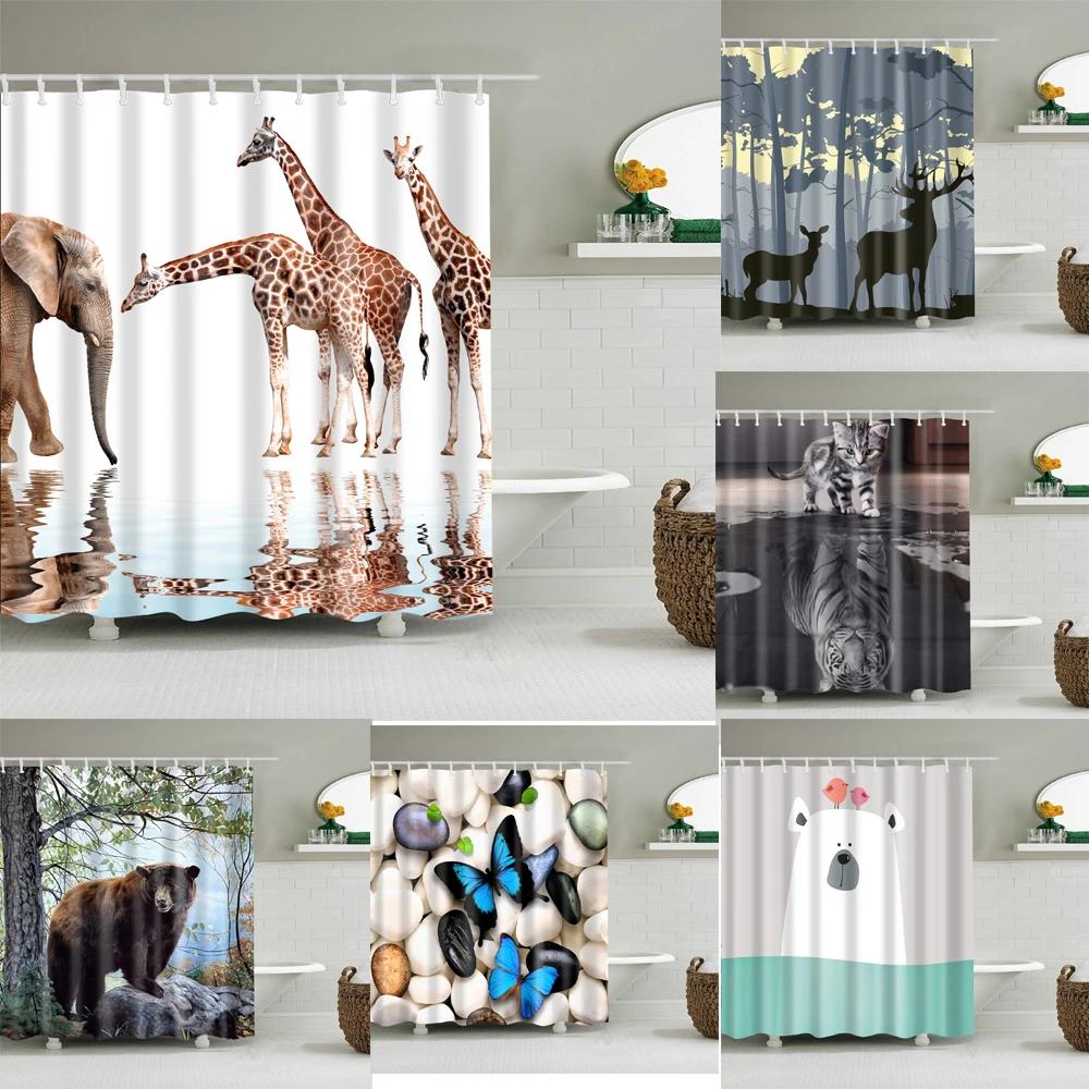Cartoon Animals Cat Bird Giraffe Shower Curtains Bathroom Curtains Waterproof Polyester Bath Screen Curtain with 12 Hooks