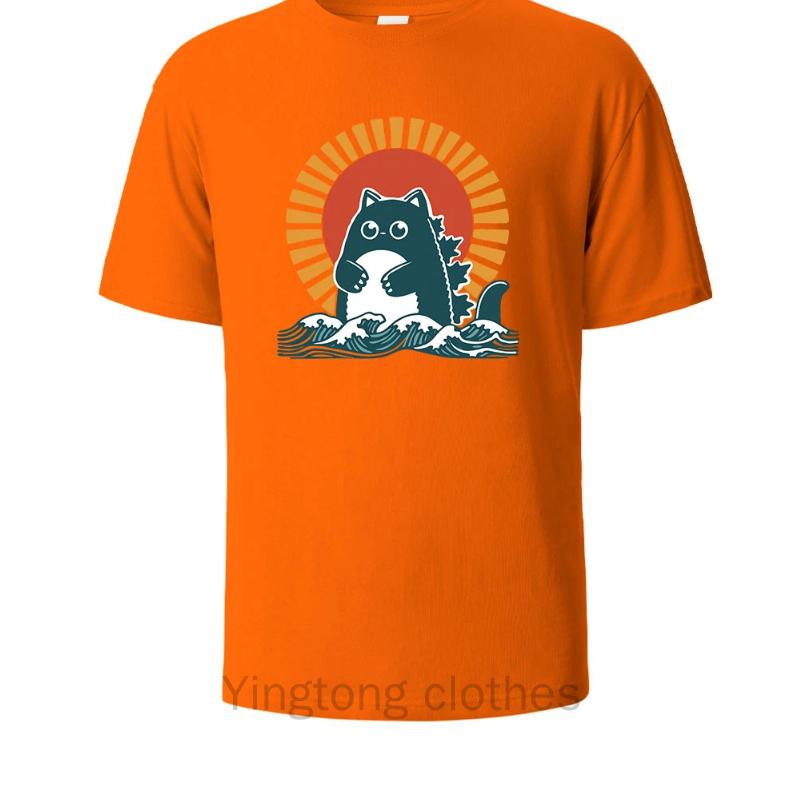 Cat Printed Soft Cotton Mens Tee Lightweight Breathable Minimalist Round Neck Design Comfortable Loose Fit Mens T-shirt