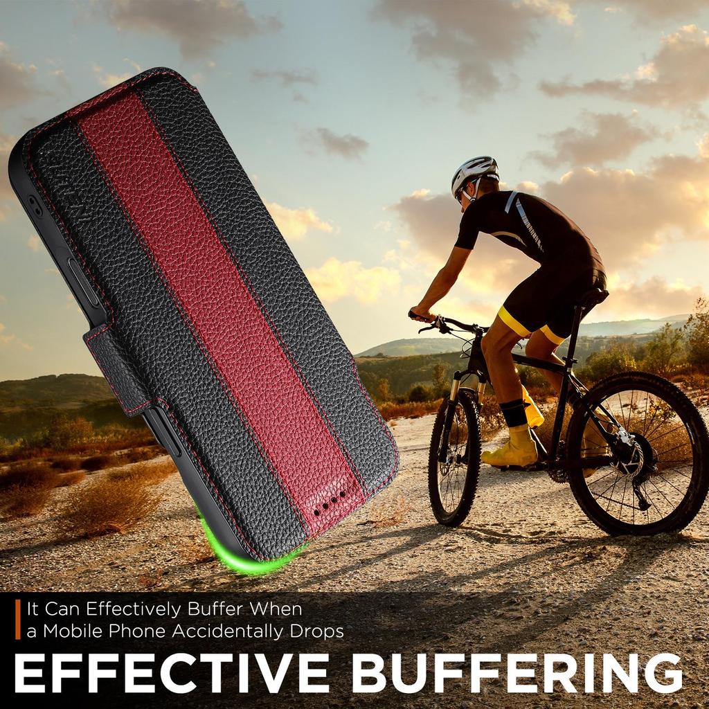 iPhone 17 Flip Case: Card Slot, Magnetic Snap, Wireless Charging Stand, Color Block Wallet, Leather