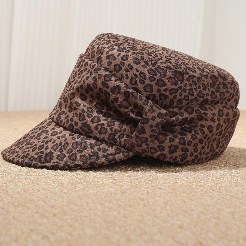 Retro leopard print newsboy hat women's autumn new bow octagonal hat showing face small casual duck tongue navy hat