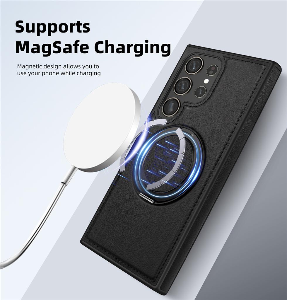 Genuine Leather Phone Case For Magsafe Samsung S24 S25 Ultra S23 S22 Ultra Plus Magnetic Rotating Metal Holder Stand Back Cover