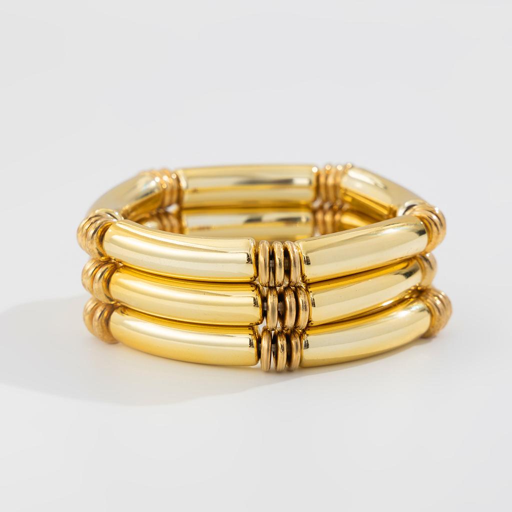 Fashion Light Luxury Style Beaded Bamboo Bracelet Set, Design Sense Metal Smooth Pipe Elbow Bracelet