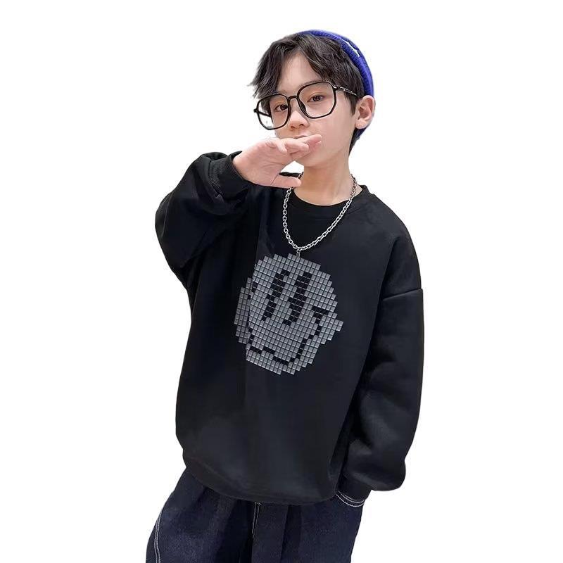 2024 Boys' Smiley Print Long Sleeve Sweatshirt - Spring/Autumn Style for Big & Middle Kids
