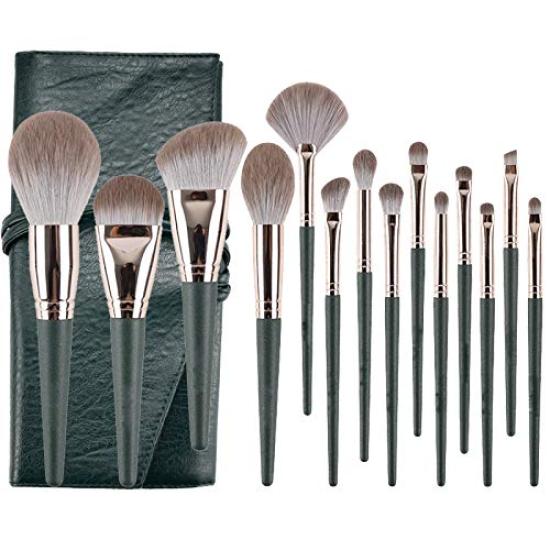 YINAN Studio Makeup Brush Set with Wooden Handles and Popular Makeup Tool Set Set, 14-Piece Ultra-Soft Pouch, (Green)