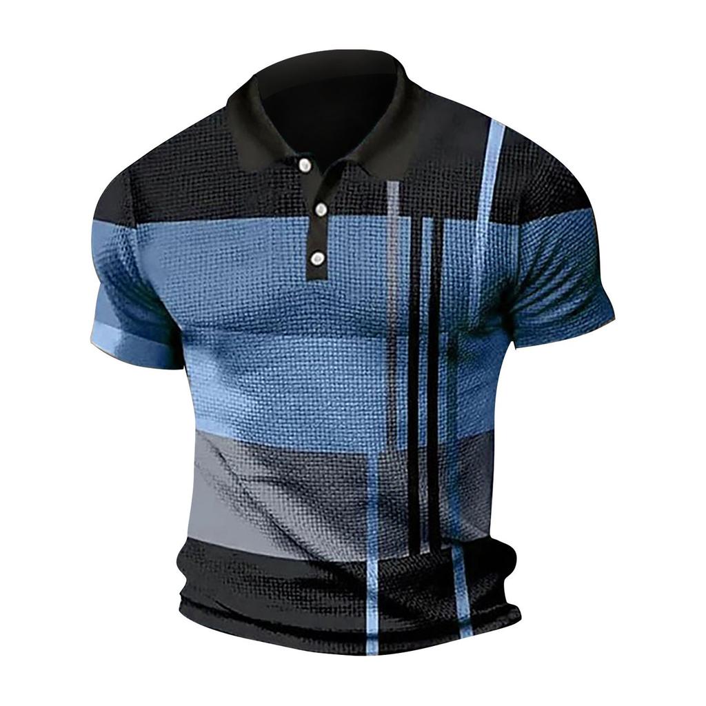 Men's Casual Striped Print Polo Shirt with Short Sleeves for Summer