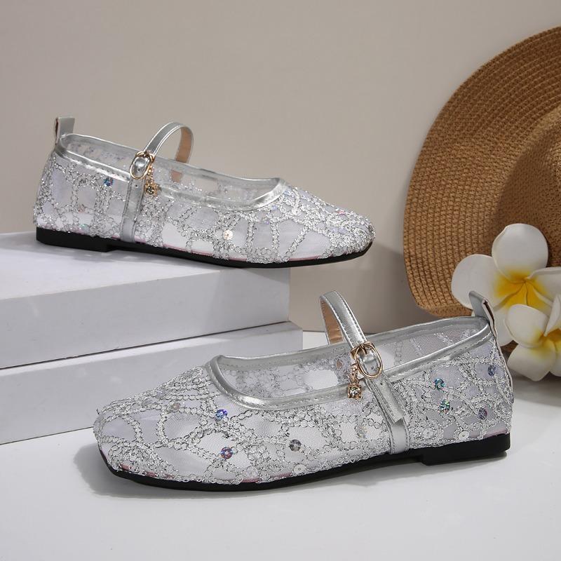 Fashion Low Heel Shoes Women's Summer Square Head Shallow Mouth Sequin Cloth Line with Soft Soles Non-slip Flat Shoes