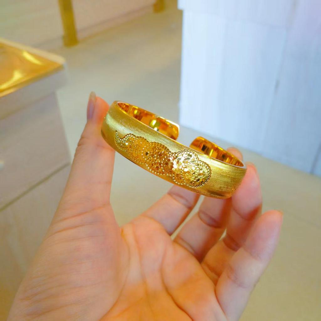 Vietnamese Sa Gold Wide Face CNC Bangle - Fu Lu Gu Xiang Wedding Jewelry