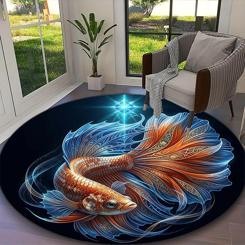 [Colorful Ocean Fish Printed Carpet] Non-slip Office Rug, Cozy Round Carprt for Living Room Use, Soft Home Sofa Chair Mat