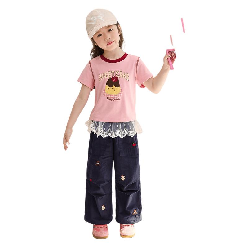 LUSON Girls' Cartoon Color-Block Short Sleeve T-Shirt