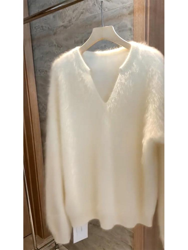 

Raccoon Fleece Collar Cashmere Sweater Women s Autumn and Winter Soft Waxy Lazy Style High-end Sense Super Good-looking Mohair Knitted Top one size fits all білий