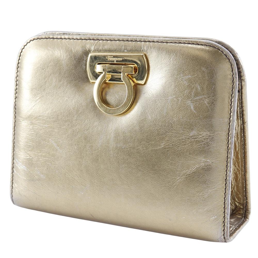 Salvatore Ferragamo ChainShoulder Shoulder Bag AQ214734 Gancini 2-way Clutch Gold Calfskin Women Used