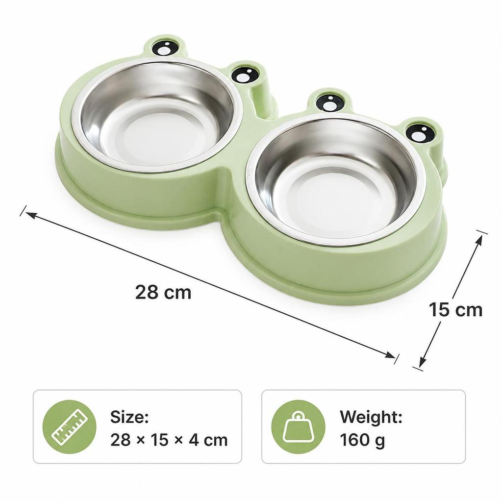 Frog Shaped Double Pet Bowl,Removable Stainless Steel Dog Cat Feeder Water Bowl,Anti‑Slip Anti‑Tip PP Base for Small Pets