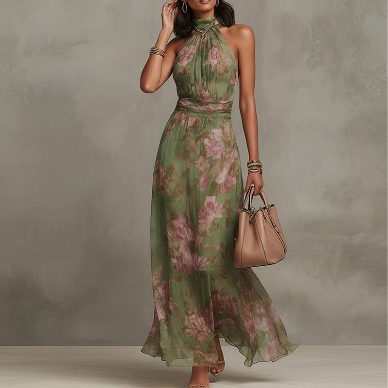 Retro Fashion Maxi Dress Summer Sleeveless Simple Print Ruffled Dresses Streetwear for Women's Clothing Holiday Party