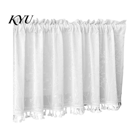 Landhausstil Badezimmerfensterdekoration Boho Kurzer Vorhang, Küche Café Transparenter Vorhang mit Quasten, Vintage Abdeckungen Blumenpflanzen Druck Bauernhaus
