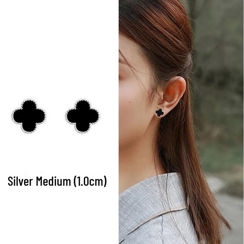 2024 Black Silver Needle Four-Leaf Clover Stud Earrings: Trendy Women's Ear Jewelry in High-End Niche Design.