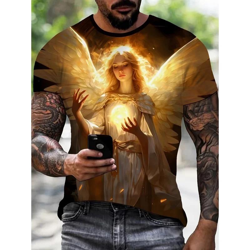 

Men s Angel Warrior Armor Design 3D Pattern Casual Tshirt with Gold Illustration Portrait Print Regular Edition O Neck Machine Washable Daily Clothing XL