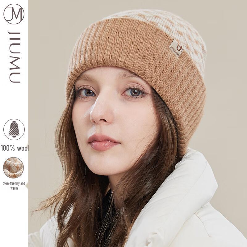 JIUMU Women s Pure Wool Plaid Knitted Hat
