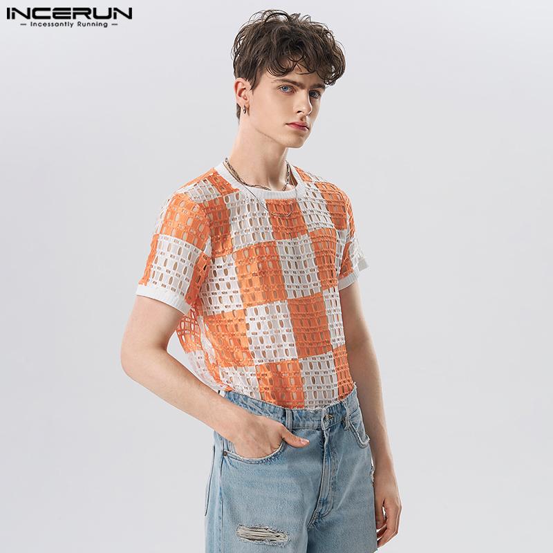 

INCERUN Летние мужские полые топы в клетку с принтом