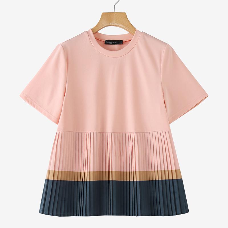 

ZANZEA Women Casual Round Neck Pleated Hem Loose Short Sleeve T-Shirts 2XL рожевий