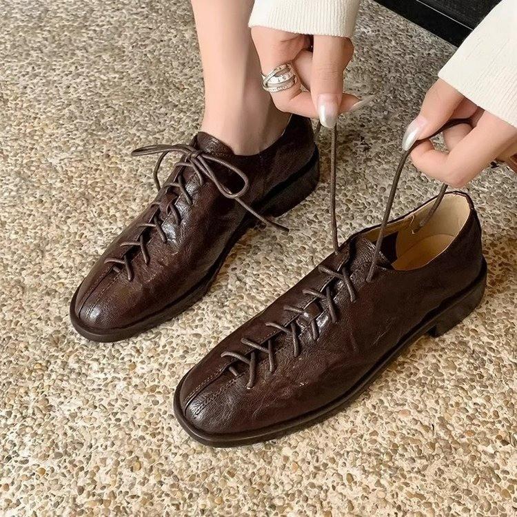 Chaussures pour femmes, mocassins à plateforme, talons moyens, style britannique, petites chaussures en cuir, lacets, talons épais, chaussures simples