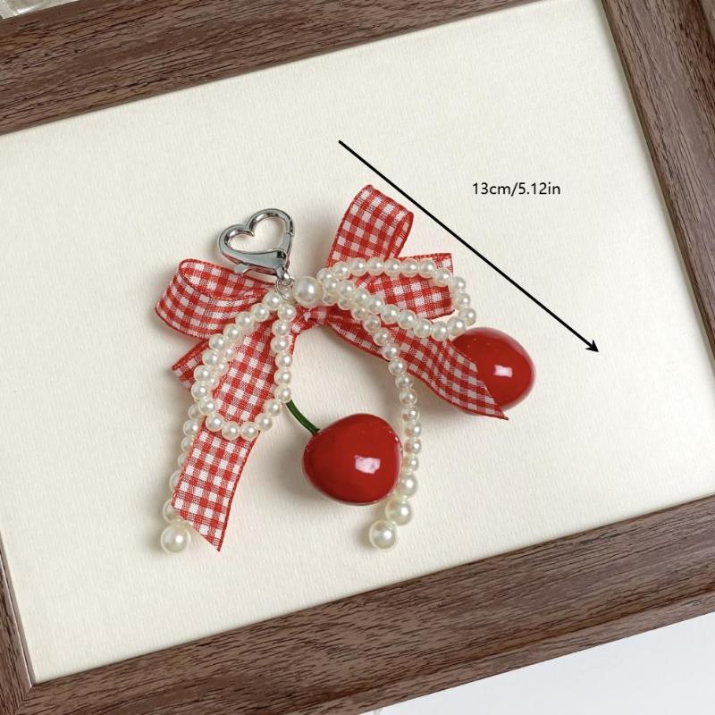 Kersen Ruit Strik Sleutelhanger Parel Kant Bedel Hanger Sleutelhanger Sieraden Voor Meisje Vrouwen Cadeautas Decoratie