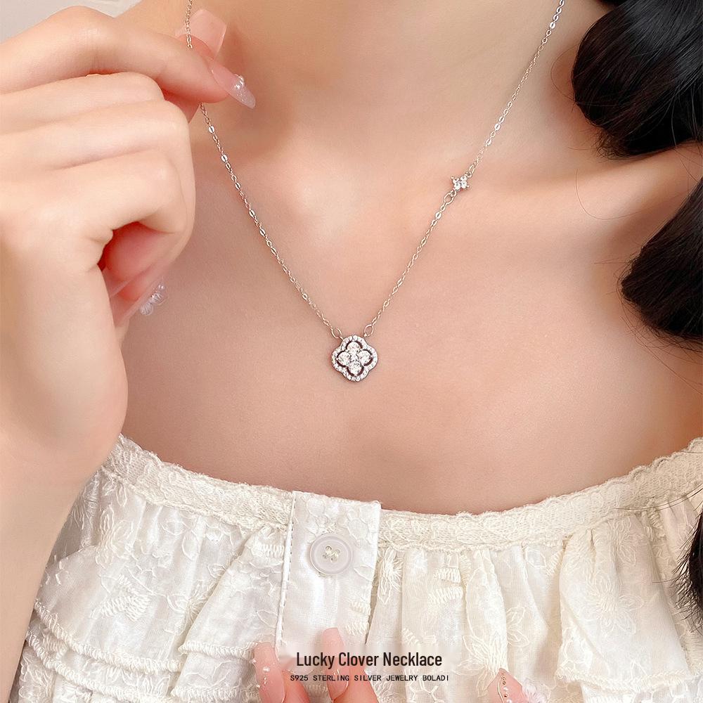 Elegant S925 Sterling Silver Four-Leaf Clover Necklace for Women - Luxe Design with Full Diamond Accent