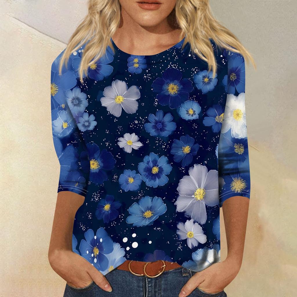 Women's Casual Round Neck Three Quarter Sleeve T Shirt Floral Print Lightweight Comfortable Top for Everyday Wear