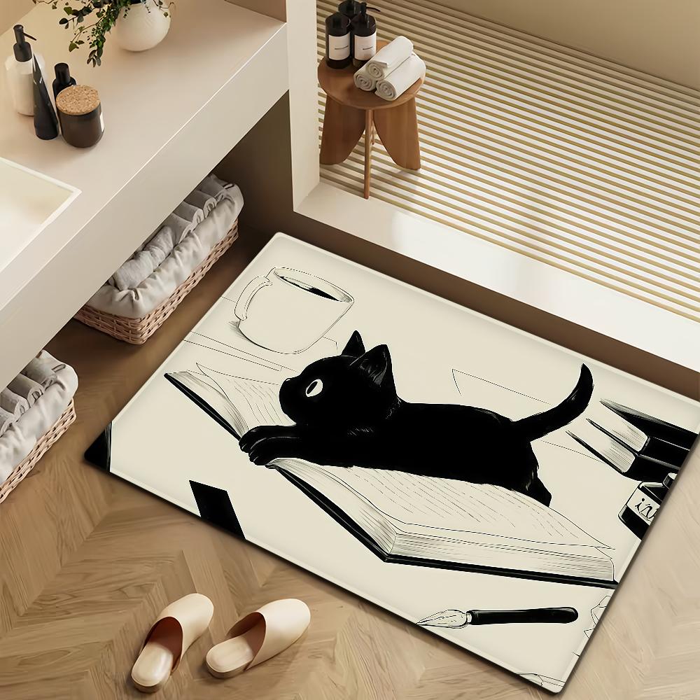 Cute Kawaii Black Cat Door Mat Bath Microfiber Decorative Versatile Flannel Floor Mat Quick Dry Absorbent Non-slip Sole