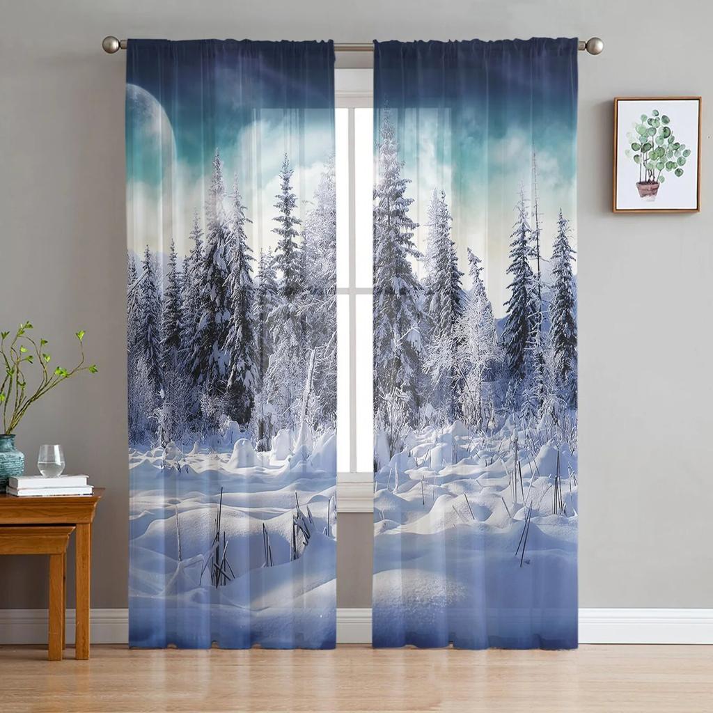 Winter Forest Tree Snowflake Semi Curtains Living Room Snowy Landscape Print Tulle Curtain Drapes Window Treatments Sheer Polyester Great Treatment