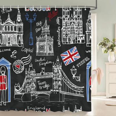 1 paquete Cortina de ducha con estampado de poliéster estilo británico sencillo, cortina divisoria para baño, cortina decorativa para el hogar