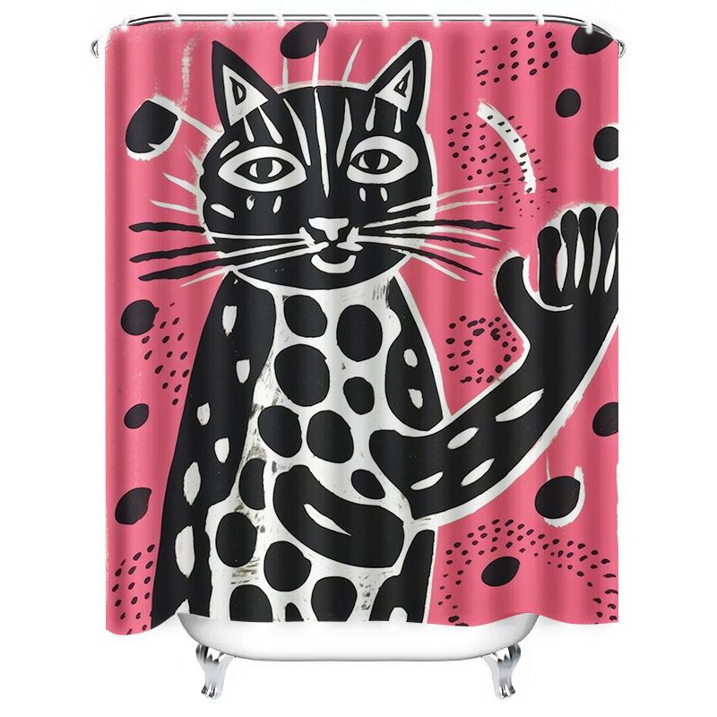 Black And White Cat Shower Curtain Modern Bathroom Decor With Eye-Catching Animal Print Design For Home Decoration Pink Backgrou