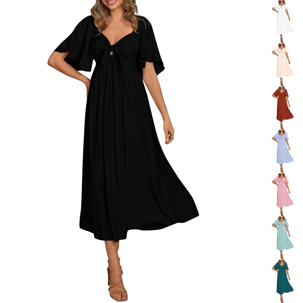 Women's Casual Dresses, Short Sleeve Tie V Neck Ruffled Midi Flowy Dress Women's V Neck Short Sleeve Summer Maxi Dress