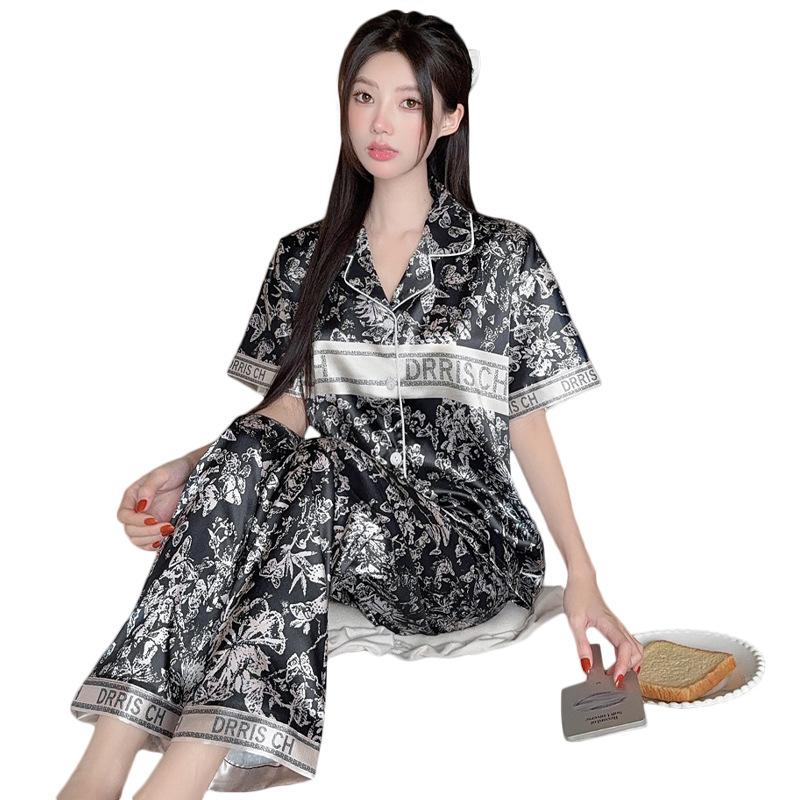 National Style Light Luxury High-End Style Flower Cold Silk Cool Pajamas Women'S Summer Short-Sleeved Trousers Set