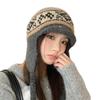Retro Fair Isle Knitted Wool Hat with Velvet Lining and Ear Protection for Large Heads