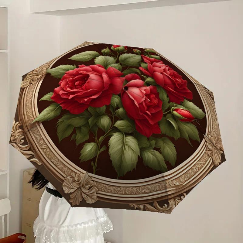 1 Stück Rose in verziertem Rahmen Regenschirm mit Kunststoffgriff, Geeignet für alle Jahreszeiten Zuhause Reise Outdoor RegenschirmDD1239