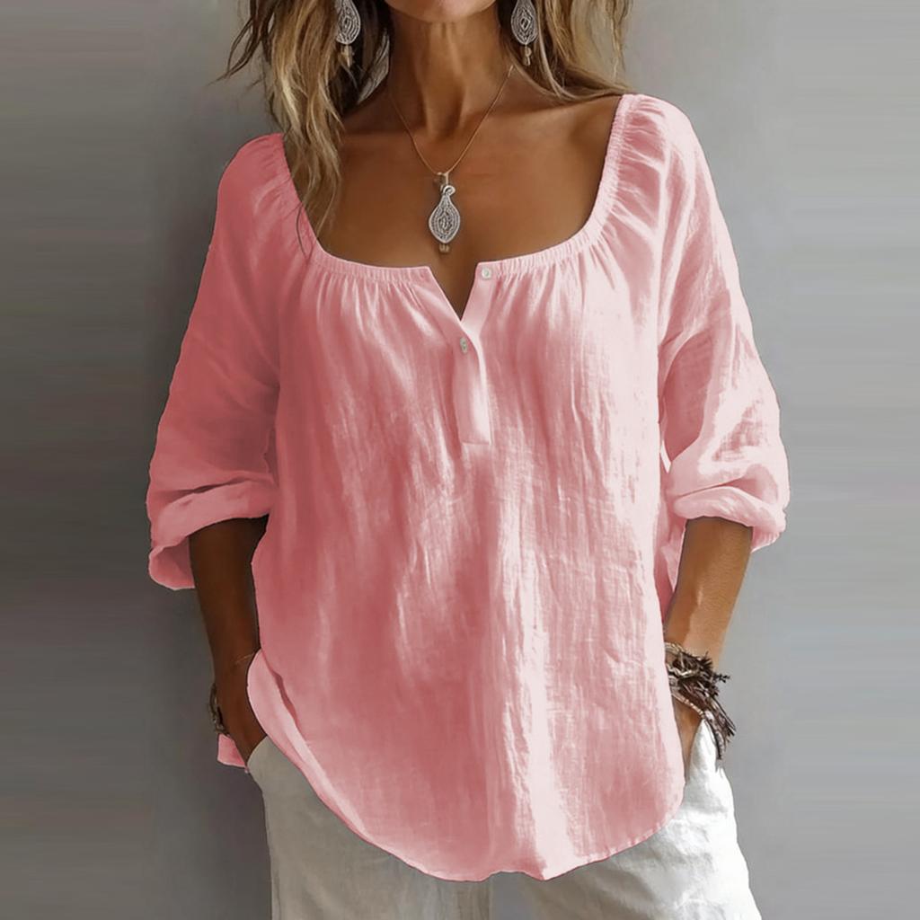 Women's Fashionable Casual Loose-Fit Cotton-Linen Blend V-Neck Long-Sleeve Pullover T-Shirt Top
