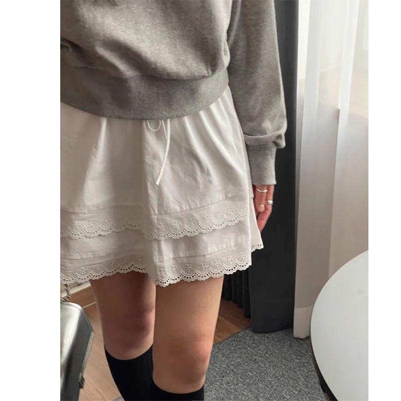 

Dongdaemun Oni Summer Elastic Waistband Lace-up A- line Skirt White All yards