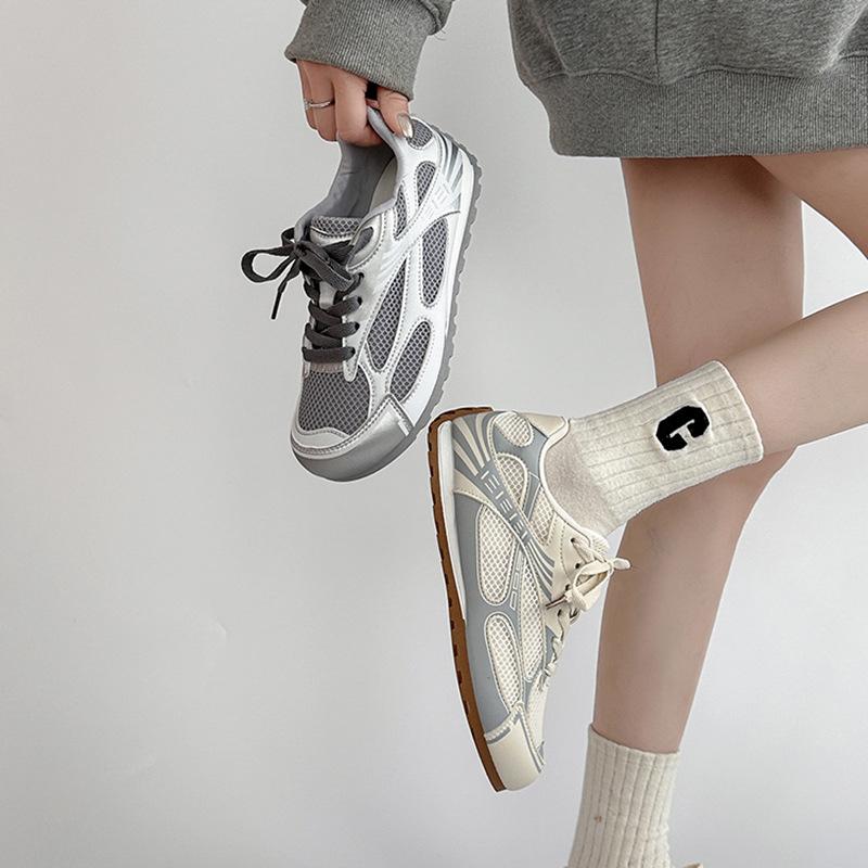 Fashion splicing casual lace-up sneakers summer retro lace-up soft-sided breathable mesh thick-soled women's German training shoes