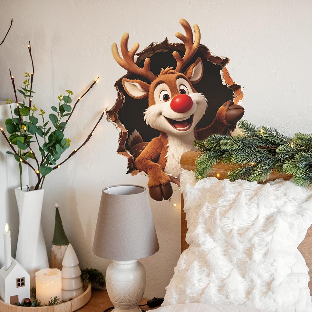 Christmas Stickers 3D Hole Bison Bedroom Sticker Living Room Background Beautification Wall Sticker