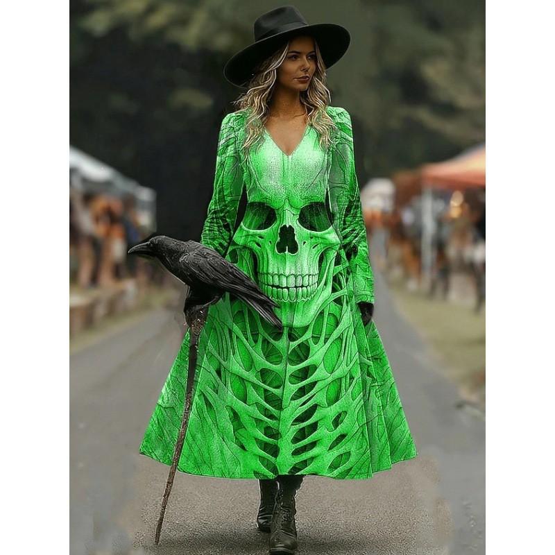 Halloween Long A-Line Dress Vintage Bohemian Style Skull Print V-Neck Full Sleeve Party Wear