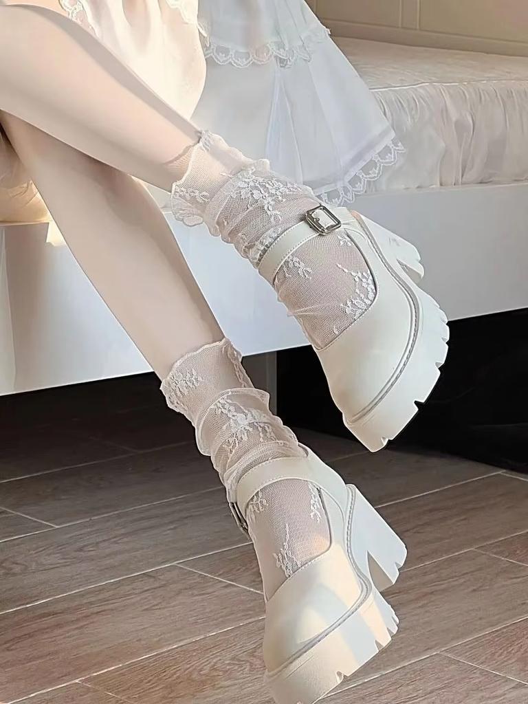 Socks Woman Summer Thin Aesthetic Lace Gauze Floral Black White Stockings For Women Middle Tube Knee High Girls Lolita Socks